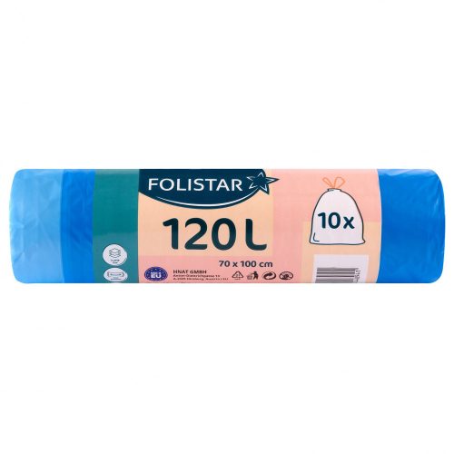 Folistar HNAT szemeteszsák 70x100cm, 120 literes HDPE, kék, szalagos, 10 darab/tekercs